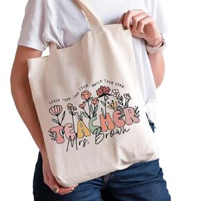 Personalized Large Teacher Tote Bag, Custom Gift for Teacher, Customized Wild Flower Tote Bag Gift for Teacher, Thank You Gift for Teacher, Student Teacher Gift, Teacher Appreciation Gift