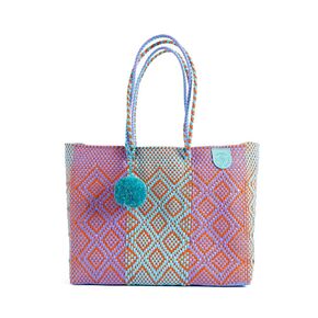 Sunset Woven Super Tote, Handwoven Recycled Plastic Tote, Oaxaca Mexican Woven Bag, Beach Bag, Summer Bag, Orange, Purple & Blue Beach Bag, Water-Resistant Tote