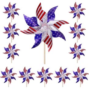 Reflective Patriotic Pinwheels 4th of July Decorations 12 Pack Red White and Blue Windmills Decorations Wind Spinners for Yard Garden,Independence Day, Memorial Day