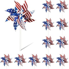 12Pcs American Independence Day Windmills, Red, White and Blue Fourth of July Decorated American Flag Whirlwind, Patriotic Themed Birthday Party Decorations