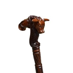 Hand Carved Bull Head Walking Cane With Natural Wood Grain - 36" Unique Design Premium Wood Craved With Ergonomic Palm Grip Handle Wood Carved Walking Cane Gift For Men Women
