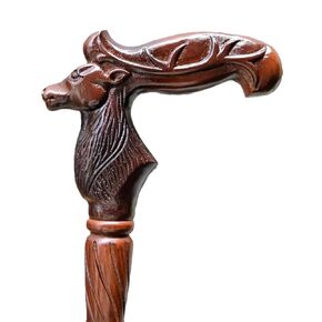 Wooden Reindeer Head Engraved Hand carved Cane - Premium Wood Carved Walking Stick Cane With Ergonomic Palm Grip Handle - 36" Brown Handmade Elegant Carved Walking Stick For Men Women