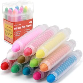 Dustless Chalk for Kids - 12 PCS Twistable Non-Toxic Washable Sidewalk Chalk with Holder | Unique Art Tool for Outdoor & Indoor Blackboard Fun | Packed in Plastic Box​