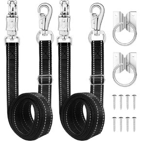 Heavy-Duty Cross Ties for Horses - Adjustable Nylon Horse Trailer Ties with Strong Panic Snap & Bull Snap (59"-102"), Set with 2 Pack Tie Rings & 8 Matching Screws (Black)