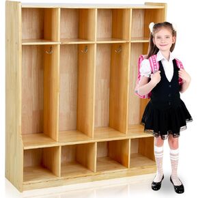 4 Section Coat Locker with Bench Daycare Cubbies for Classrooms Natural Pine Finish Wooden Backpack Cubby Storage Organizer with Hooks for Daycare Classroom and Home