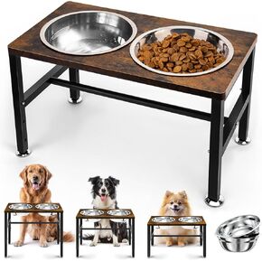 Elevated Dog Bowls, 3 Height Adjustable Raised Dog Water Food Bowl Wooden Metal Stand, 42OZ-Stainless Steel Bowls for Large Medium Small Dogs