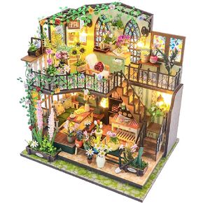DIY Miniature House Kit, Dollhouse Kits for Adults to Bulid,Tiny Home Making Kit with Furniture and LED, Halloween/Christmas Decorations/Gifts for Family and Friends (Darcy Flower House)