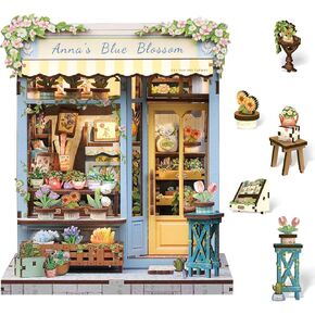 Cutefun Book Nook Kit - DIY Miniature House Kit for Adults and Teens, 3D Wooden Puzzle Mini House Building Kit with LED, Dollhouse Kit Bookshelf Insert Decor Creative Gifts (Anna's Blue Blossom)