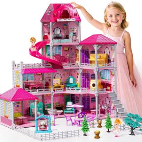 Pink Villa Playset for Girls Ages 3-7, 4-Story 12 Room House with 2 Dolls, Furniture and Accessories, Indoor Playset Girls Toys for Ages 6-8, Pretend Toddler Toy, Birthday Gifts for Kids 4-8