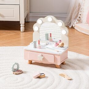 ROBOTIME Toddler Vanity Makeup Table Toy with Mirror & Light, Wooden Kids Makeup Vanity Set, Dressing Table with Accessories and Lights, Pretend Makeup Set for Little Girls