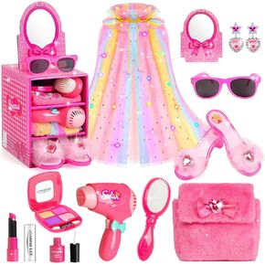 Princess Cape Light Up Dress Up Shoes ، مجموعة مكياج للأطفال للتظاهر باللعب جمال صالونات الشعر ألعاب الهدية ل 3-6 طفل صغير الفتيات