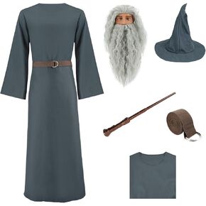 Pagan Tunic Costume Wizard Cloak Robe Cosplay Grey Robe Hat Full Set Outfits for Adult