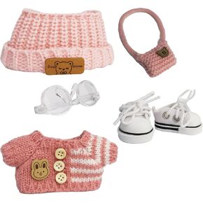 Cloth for 15cm ＆ 17cm Doll,5-Piece Handcrafted Crochet Clothes Outfit for Doll(NO Doll) - Light Pink Clothes + Light Pink Bear-Shaped Velvet hat + Glasses + Shoulder Bag + White Canvas Shoes