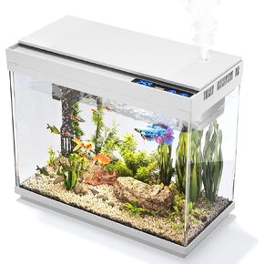 Fish Tank, 2.4 Gallon Fish Aquarium, Fish Tank Starter kit with Smart Humidifier, Temperature Display, 7-Color Lighting, 3 in 1 Quiet Pump with Filteration & Oxygenation & Circulation