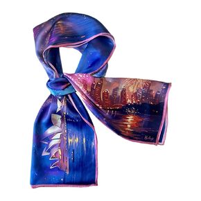 100% Silk Long Scarf - Sydney Firework, 18x59''/45x145cm, Mulberry Satin Silk Bandana with Hand-rolled Edges, Head Wrap, Gift for her or him