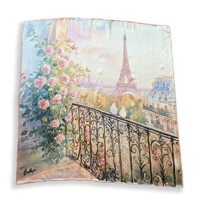 وشاح مربع حرير 100 ٪ - Pink Paris 27x27 "/70x70cm ، Mulberry Satin Silk Bandana مع حواف مدفوعة يدويًا ، برج إيفل ، حمائم ، هدية لها