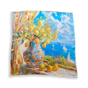 100% Silk Square Scarf - Lemon and Ocean 27x27"/70x70cm, Mulberry Satin Silk Scarf with Hand-rolled Edges, Oil Painting, Gift for her/him