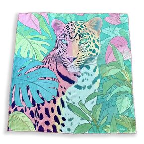 100 ٪ Silk Square Scarf - Jungle Leopard 27x27 "/70x70cm ، Mulberry Twill Silk Bandana مع حواف مدفوعة يدويًا ، على غرار الثمانينات ، هدية لها/له
