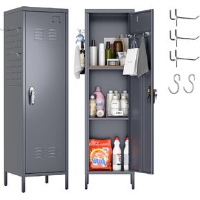 Metal Lockers for Employees with Handle,Metal Storage Locker with 2 Pegboard & 5 Hooks for Gym, School, Office,Home,Garage,Grey