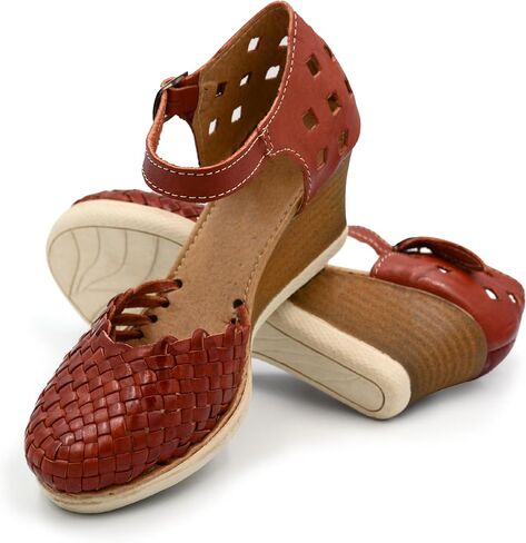 Mexican Genuine Leather Platform Shoes with Ankle Strap for Women - Model 604 (7, NUT) in Kuwait