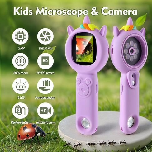 Kids Microscope- 500x Magnification,16X Zoom,Handheld Microscope for Kids with HD Cam,Portable Science Learning Tool,Christmas Birthday Gifts for Boys Girls Aged 3-12,32GB SD Card Include (Purple) in Saudi Arabia