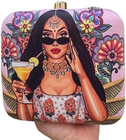 Traditional Indian lady Printed Clutch Bags Formal Party Wedding Purses Cocktail Prom Casual Tote Handbags With Chain (Design Patterns 2) in Saudi Arabia