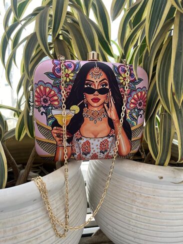 Traditional Indian lady Printed Clutch Bags Formal Party Wedding Purses Cocktail Prom Casual Tote Handbags With Chain (Design Patterns 2) in Saudi Arabia