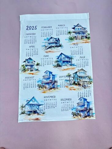 Travel themed 2025 Calendar Towel, Linen calendar, Wall calendar for him (Beach houses) in Saudi Arabia