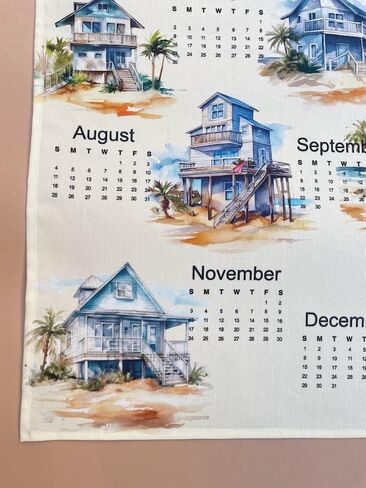Travel themed 2025 Calendar Towel, Linen calendar, Wall calendar for him (Beach houses) in Saudi Arabia