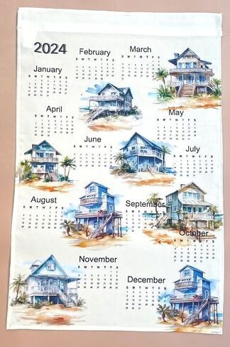 Travel themed 2025 Calendar Towel, Linen calendar, Wall calendar for him (Beach houses) in Saudi Arabia