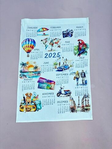 Travel themed 2025 Calendar Towel, Linen calendar, Wall calendar for him (Beach houses) in Saudi Arabia