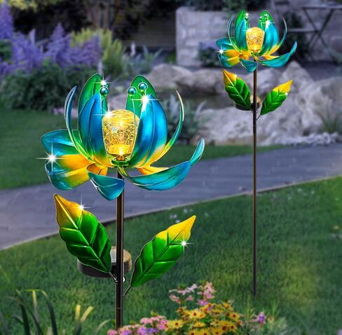 أضواء ساحة الطاقة الشمسية مغازل الرياح- لوتس لوتس زهرة حديقة ديكور LED Crackle Glass Globe Yard Art Art Sculpture Solar Shack Lights for Patio Pathway Lawn Walkway in Kuwait