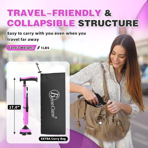 BeneCane Walking Cane for Men & Women Walking Stick for Seniors Folding Canes Quad Cane Adjustable Lightweight Sturdy Collapsible Heavy Duty with Soft TPR T-Handle and Travel Bag in Kuwait