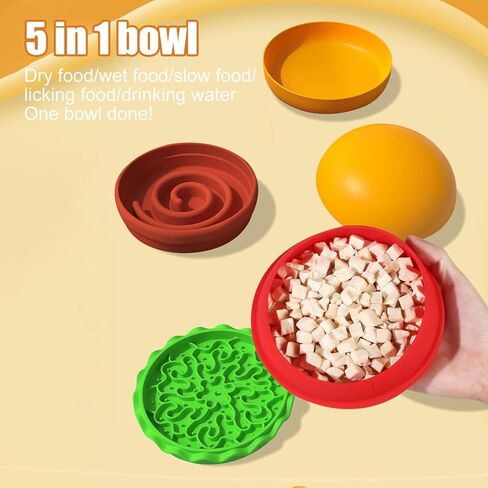 All-in-One Travel Cat Feeder Bowl for Dry Food, Wet Food, Slow Feeding, Licking Mats & Water, Multifunctional Hamburger Shape Pet Bowl, 5-Piece Stackable Cat Bowls Set for Travel (Orange) in Kuwait