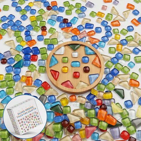 Mosaic Tiles for Crafts, 500g Irregular Tiny Mosaic Tile with Bamboo Coaster Gifts, Handmade Crystal Mosaics Pieces Stained Glass Bulk for DIY Art Projects Home Decoration (Mixed Color) in Kuwait