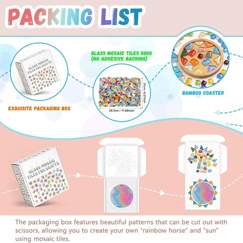Mosaic Tiles for Crafts, 500g Irregular Tiny Mosaic Tile with Bamboo Coaster Gifts, Handmade Crystal Mosaics Pieces Stained Glass Bulk for DIY Art Projects Home Decoration (Mixed Color) in Kuwait