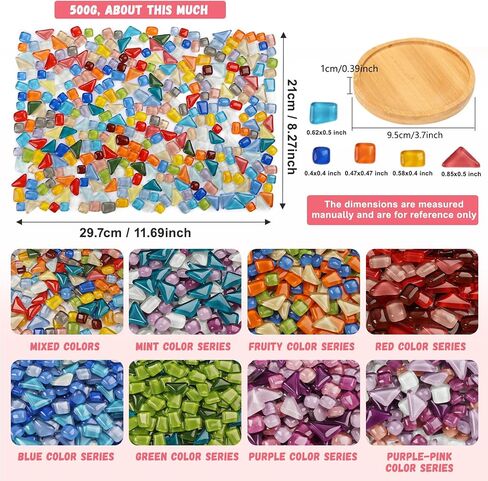 Mosaic Tiles for Crafts, 500g Irregular Tiny Mosaic Tile with Bamboo Coaster Gifts, Handmade Crystal Mosaics Pieces Stained Glass Bulk for DIY Art Projects Home Decoration (Mixed Color) in Kuwait