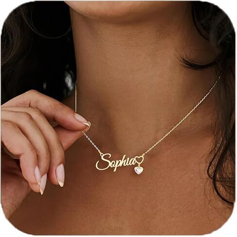 Custom Name Necklace with 12 Month Birthstone,Personalized 18K Gold Plated Name Plate Necklaces Customized Pendant Necklace Christmas Birthday Gifts For Women in Saudi Arabia