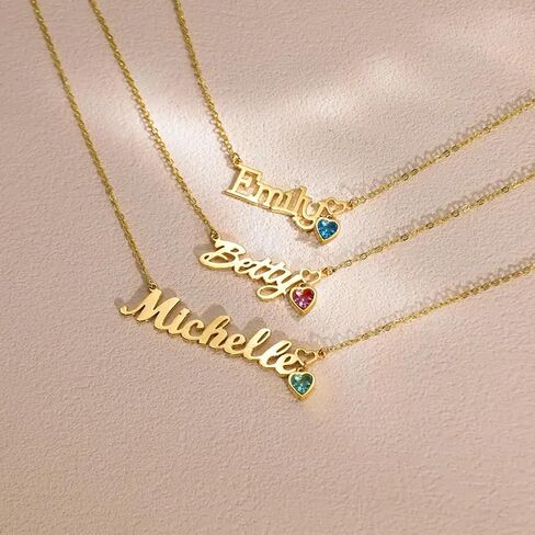 Custom Name Necklace with 12 Month Birthstone,Personalized 18K Gold Plated Name Plate Necklaces Customized Pendant Necklace Christmas Birthday Gifts For Women in Saudi Arabia