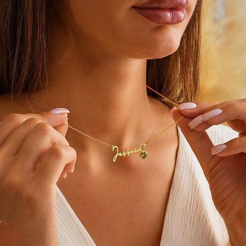 Custom Name Necklace with 12 Month Birthstone,Personalized 18K Gold Plated Name Plate Necklaces Customized Pendant Necklace Christmas Birthday Gifts For Women in Saudi Arabia