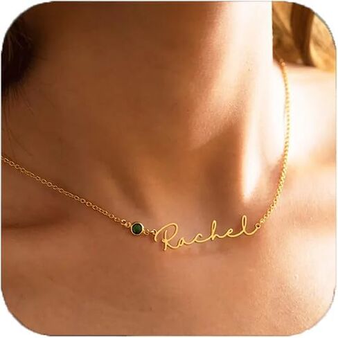 Custom Name Necklace with 12 Month Birthstone,Personalized 18K Gold Plated Name Plate Necklaces Customized Pendant Necklace Christmas Birthday Gifts For Women in Saudi Arabia