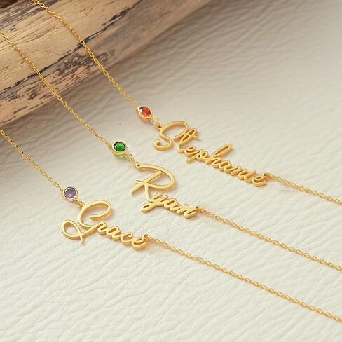 Custom Name Necklace with 12 Month Birthstone,Personalized 18K Gold Plated Name Plate Necklaces Customized Pendant Necklace Christmas Birthday Gifts For Women in Saudi Arabia