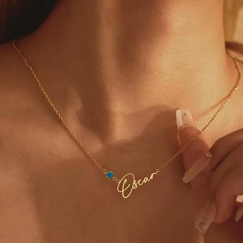 Custom Name Necklace with 12 Month Birthstone,Personalized 18K Gold Plated Name Plate Necklaces Customized Pendant Necklace Christmas Birthday Gifts For Women in Saudi Arabia