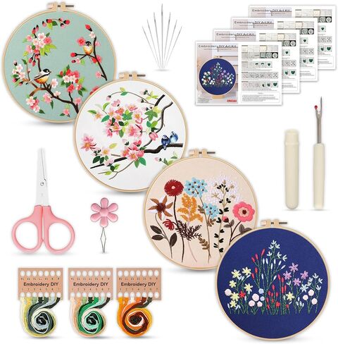 STITCHOVA Punch Needle Kit - 4 Pack Embroidery Kit for Adults Beginner, DIY Starter Set with Floral Designs, Includes Embroidery Hoop, Cloth, Needles, Threads, Tools (Punch Needle Kit for Beginners) in Saudi Arabia