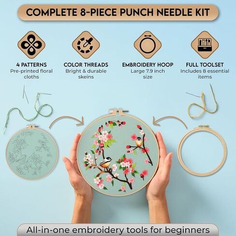 STITCHOVA Punch Needle Kit - 4 Pack Embroidery Kit for Adults Beginner, DIY Starter Set with Floral Designs, Includes Embroidery Hoop, Cloth, Needles, Threads, Tools (Punch Needle Kit for Beginners) in Saudi Arabia