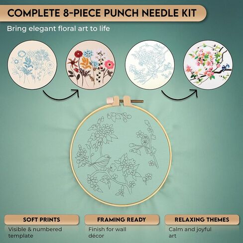 STITCHOVA Punch Needle Kit - 4 Pack Embroidery Kit for Adults Beginner, DIY Starter Set with Floral Designs, Includes Embroidery Hoop, Cloth, Needles, Threads, Tools (Punch Needle Kit for Beginners) in Saudi Arabia