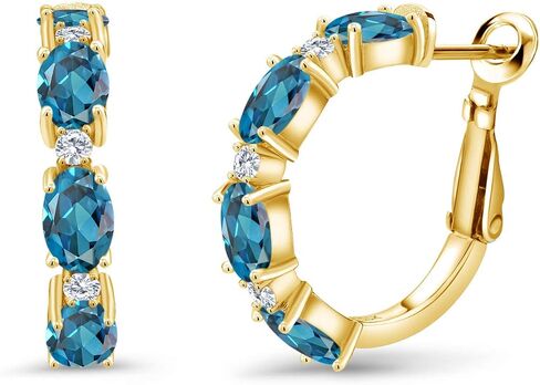 Gem Stone King 18K Yellow Gold Plated Silver Green Created Emerald and White Lab Grown Diamond Hoop Earrings For Women (3.03 Cttw, Oval 6X4MM, Round 2MM) in Saudi Arabia