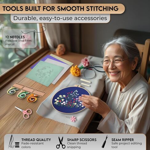 STITCHOVA Punch Needle Kit - 4 Pack Embroidery Kit for Adults Beginner, DIY Starter Set with Floral Designs, Includes Embroidery Hoop, Cloth, Needles, Threads, Tools (Punch Needle Kit for Beginners) in Saudi Arabia