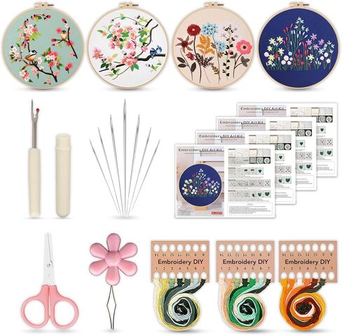 STITCHOVA Punch Needle Kit - 4 Pack Embroidery Kit for Adults Beginner, DIY Starter Set with Floral Designs, Includes Embroidery Hoop, Cloth, Needles, Threads, Tools (Punch Needle Kit for Beginners) in Saudi Arabia