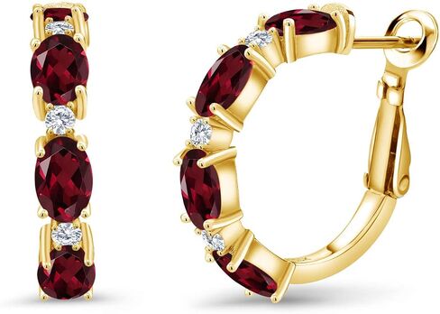 Gem Stone King 18K Yellow Gold Plated Silver Green Created Emerald and White Lab Grown Diamond Hoop Earrings For Women (3.03 Cttw, Oval 6X4MM, Round 2MM) in Saudi Arabia